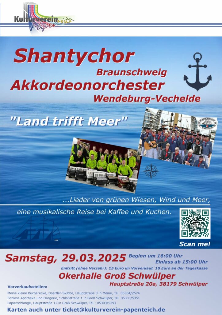 Konzertplakat für "Land trifft Meer" am 29.03.2025 in der Okerhalle Schwülper.